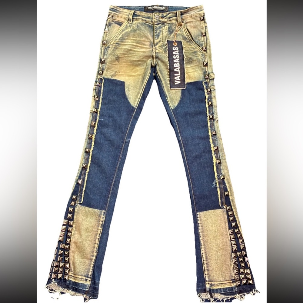 Valabasas Men's Stacked Jeans in Blue and Tan